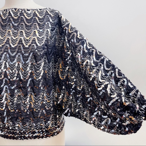 Vintage Black Silver 3/4 Sleeve Sequin Disco Top Sz S Made in USA